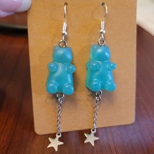 Turquoise blue bear threader earrings with dangling stars